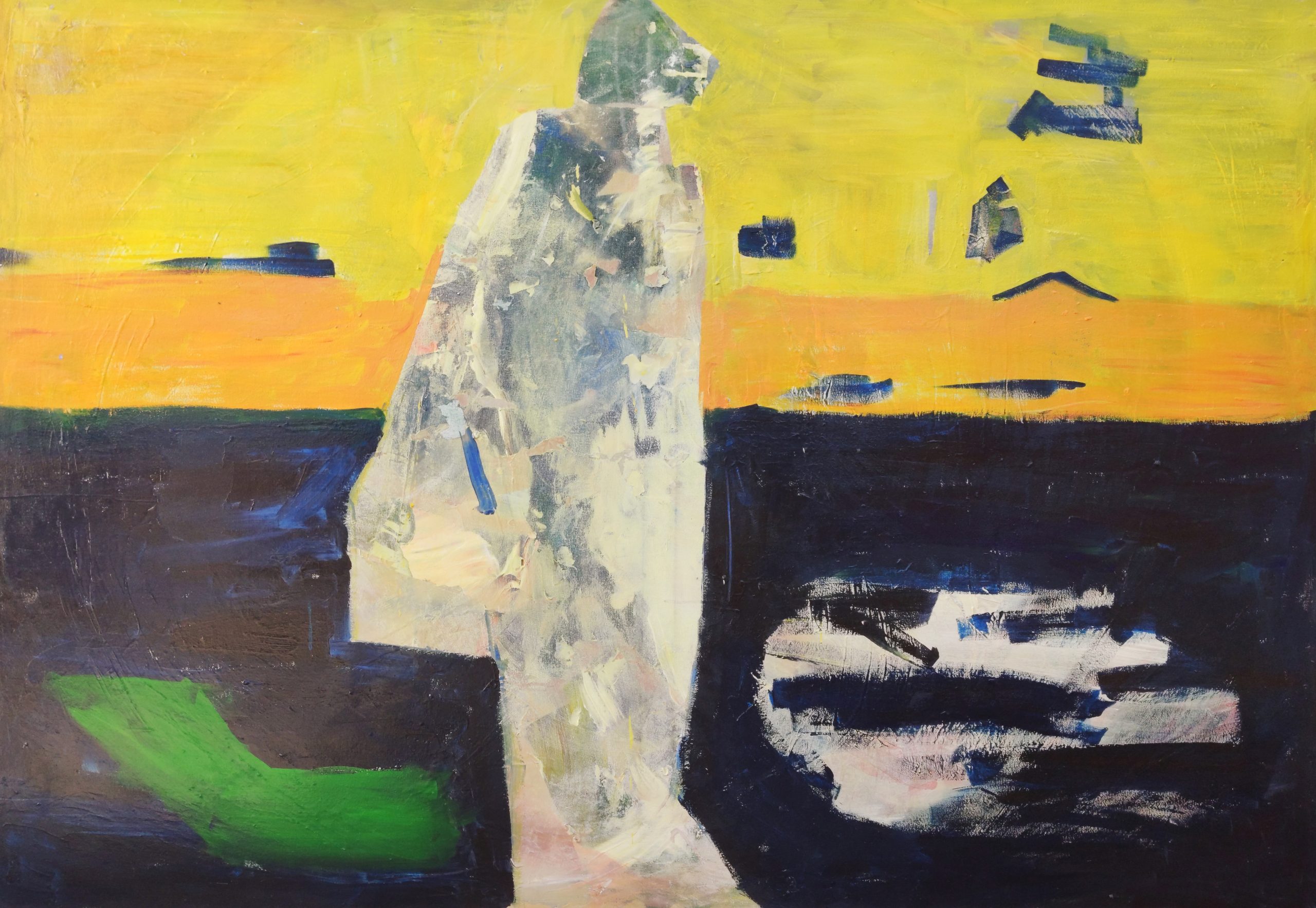 Akryl na plátně od Darie Borshch s názvem "Zvuk ticha" (The Stillness Within), na němž je zobrazena postava v neutrálních šedých tónech symbolizující osvobození a vnitřní klid.