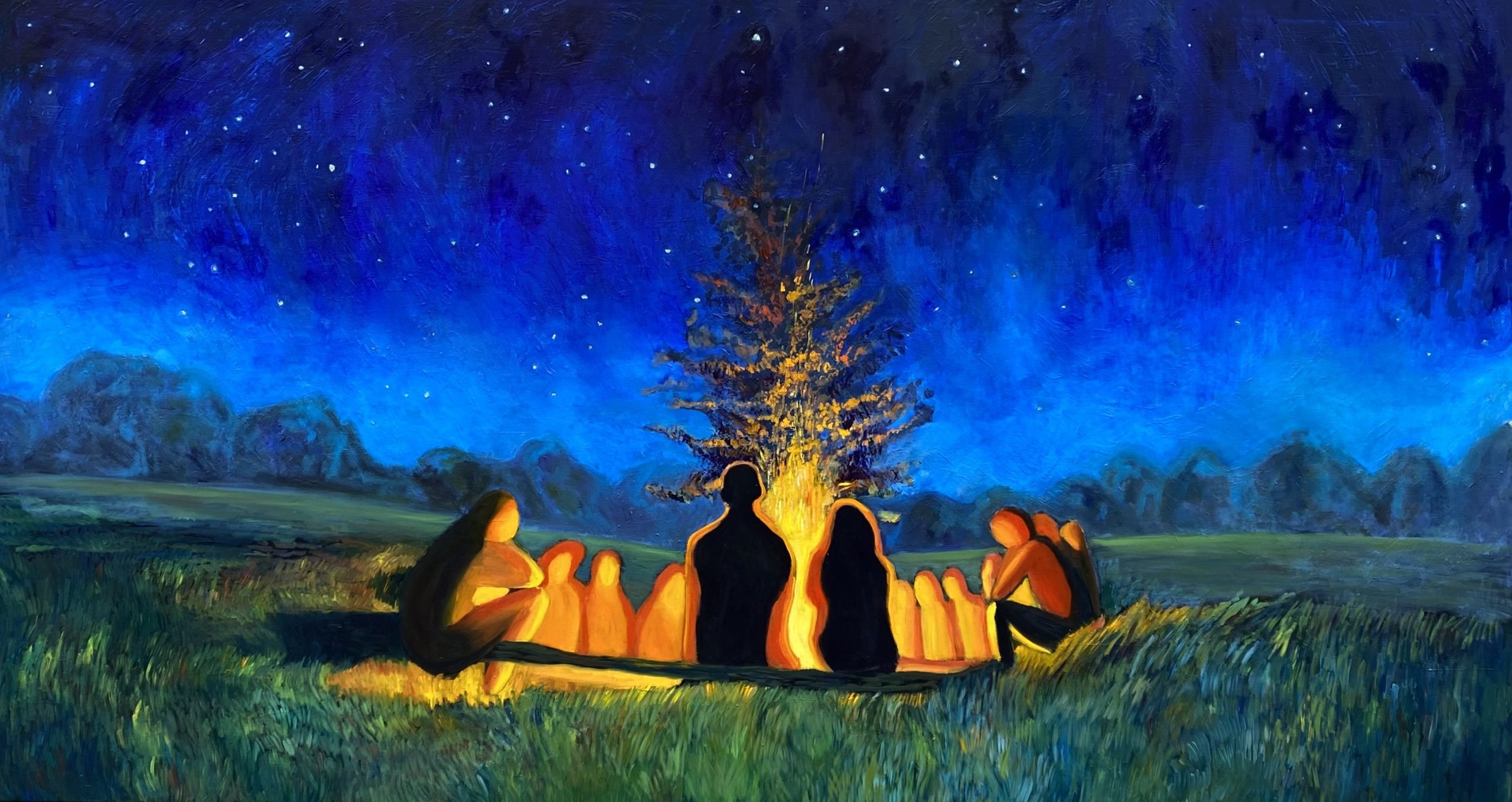 Group of friends enjoying a serene night around a glowing campfire under a starry sky, depicted in iDolly’s vibrant acrylic painting ‘Campfire’ on a large canvas.
